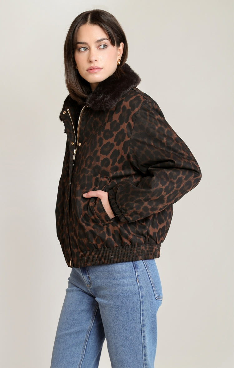 Black Tape Padded Animal Print Bomber Jacket
