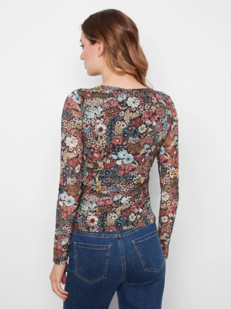 Charlie B Floral Print Mesh Boat Neck Top
