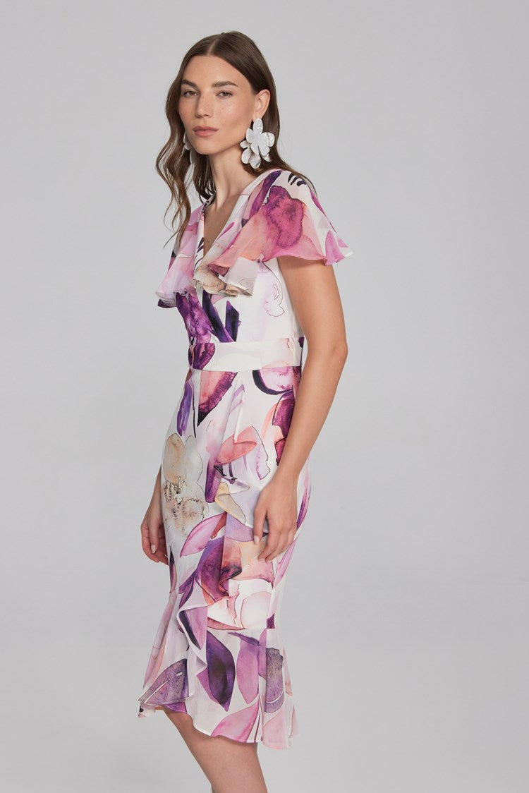 Joseph Ribkoff Style: 241732 floral print scuba crepe and chiffon dress, side view