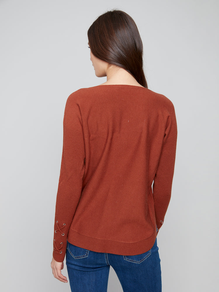 Lace Detail On Sleeve Round Hem Sweater