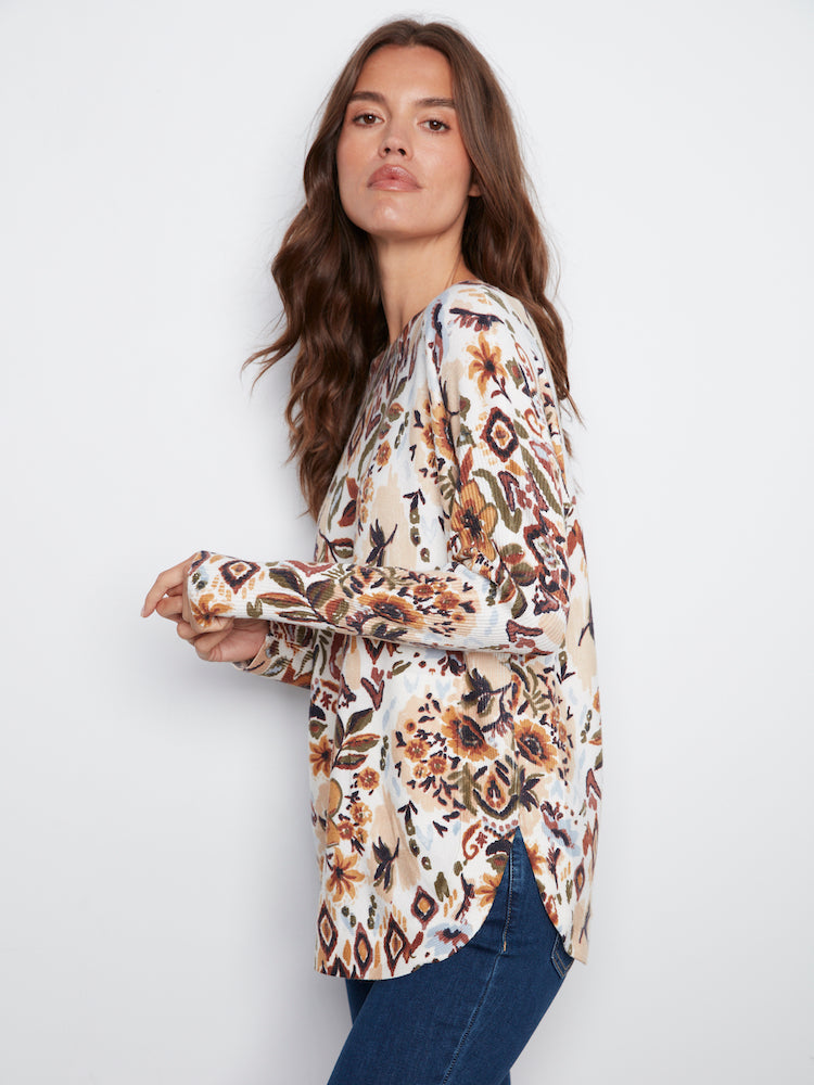 Print Boat Neck Long Sleeve With Pockets
