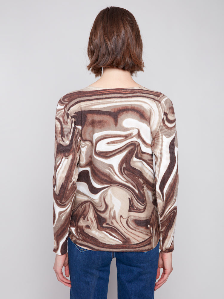 Printed Boat Neck Sweater With Side Buttons