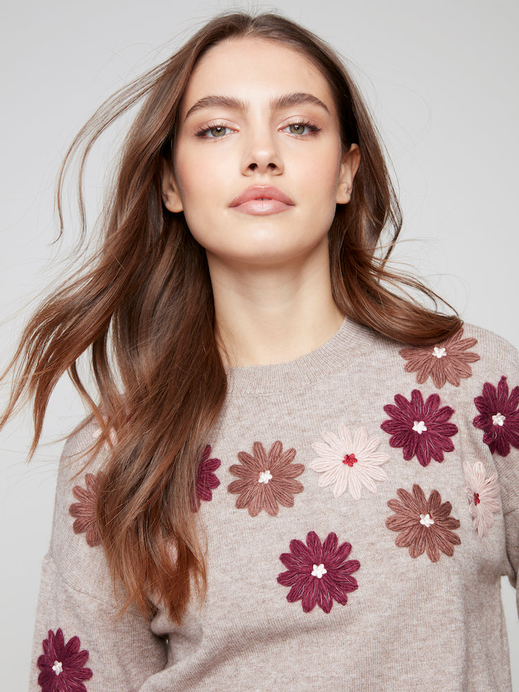 Floral Embroidery Crew Neck Sweater
