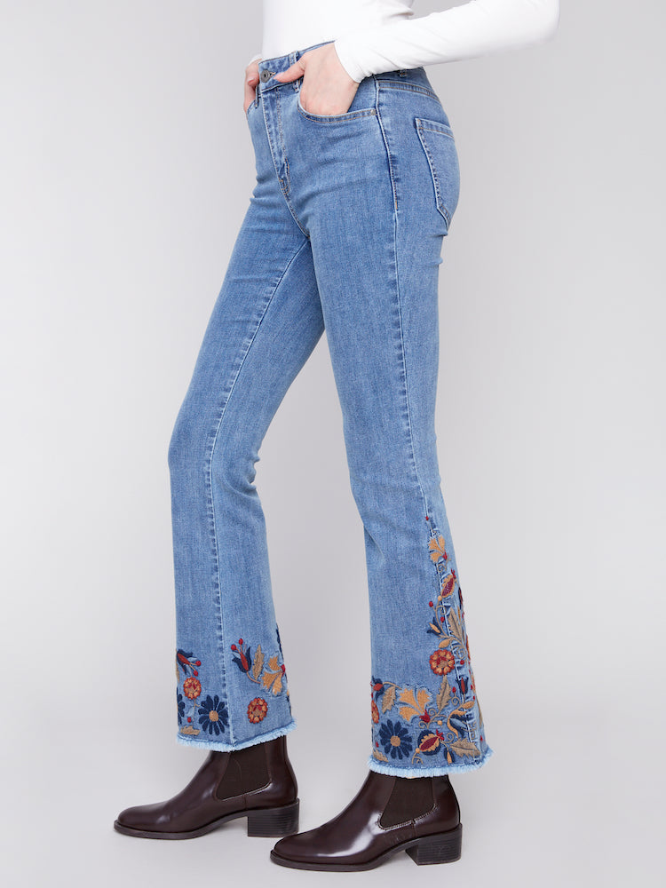 Flare Leg Jeans With Colorful Floral Embroidery