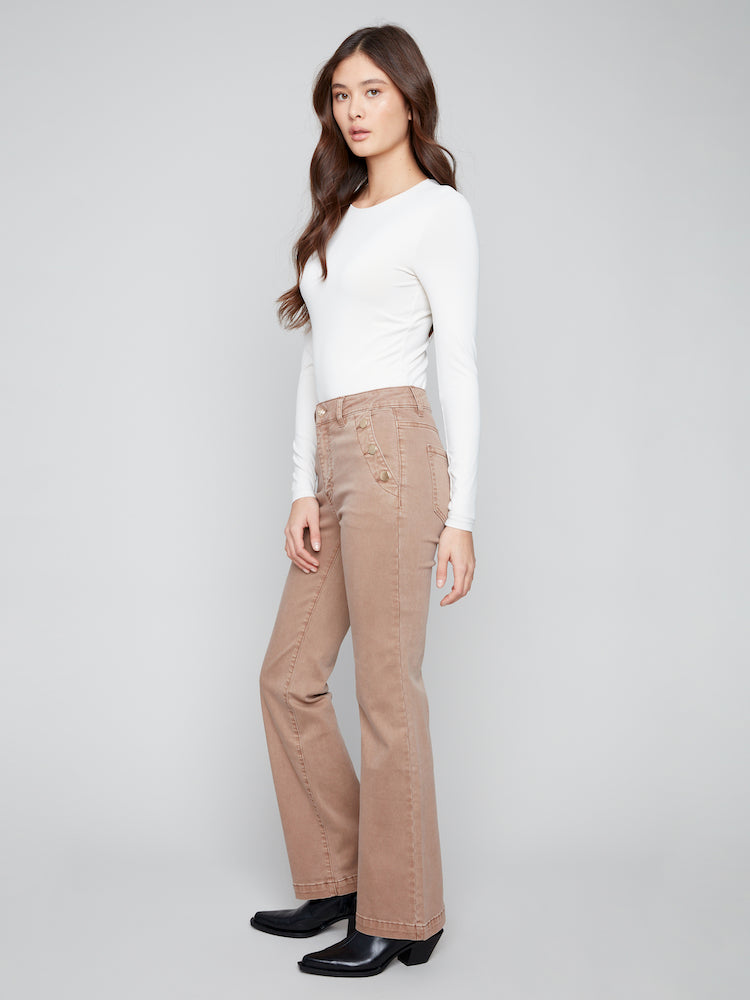 Flare Leg Stretch Twill Pants With Buttons
