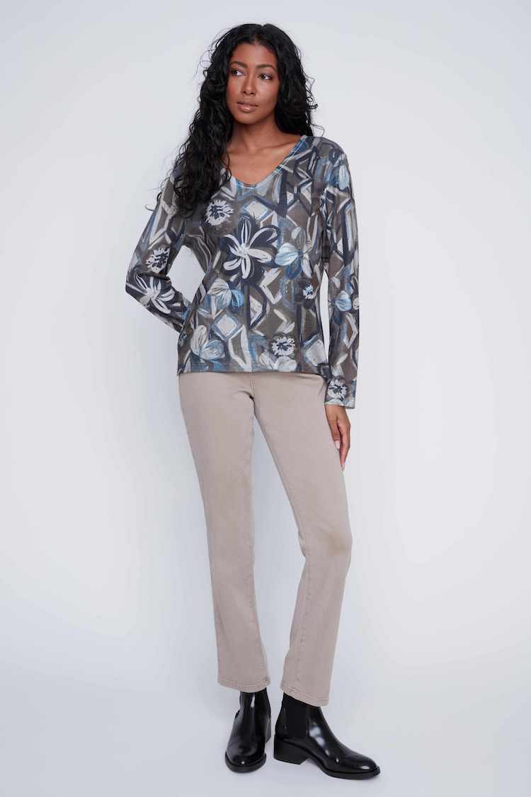 Print Long Sleeve V-Neck Top