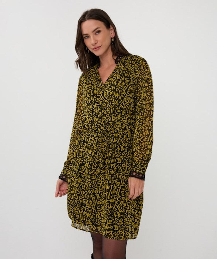 Print Long Sleeve Knee Length Dress