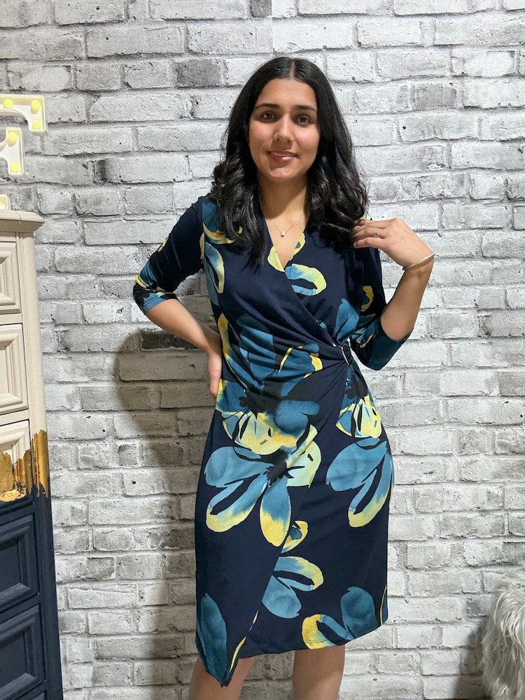 Floral Print Faux Wrap Dress With Buckle