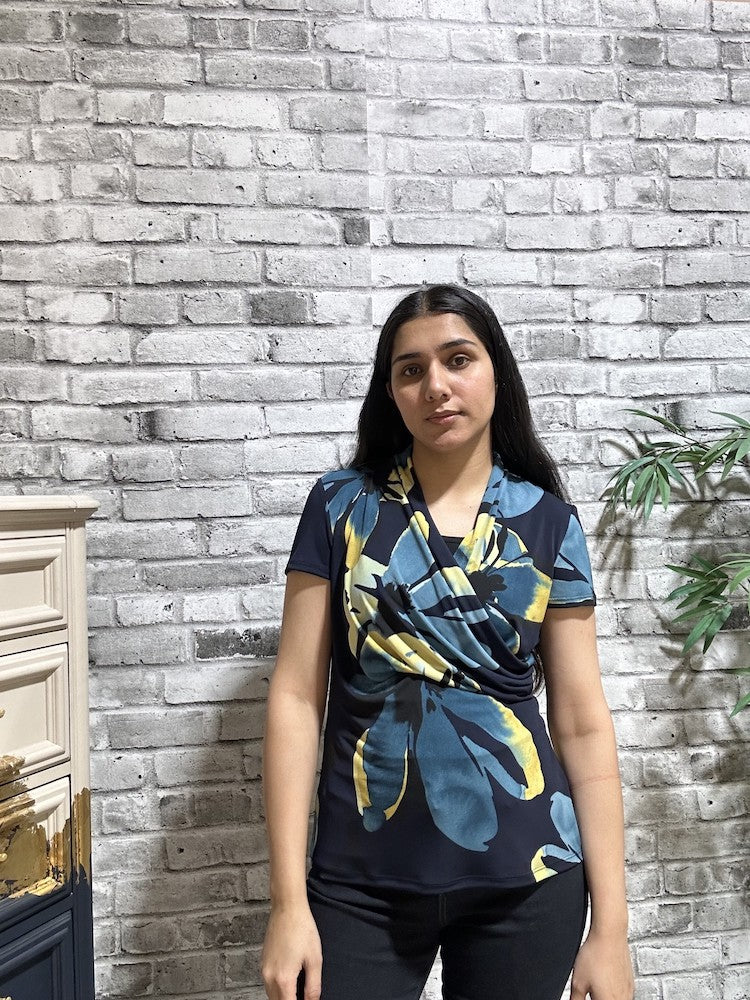 Floral Print Cross Front Short Sleeve Top