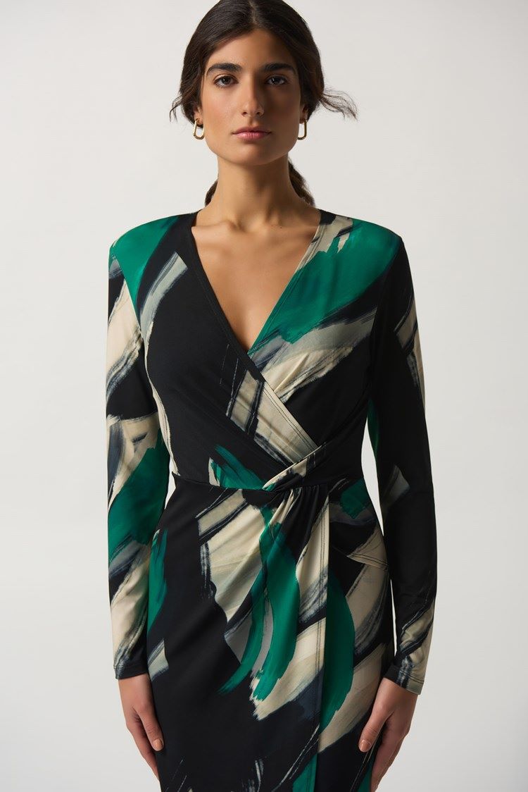 Joseph Ribkoff Style: 233127 green abstract faux wrap dress close up