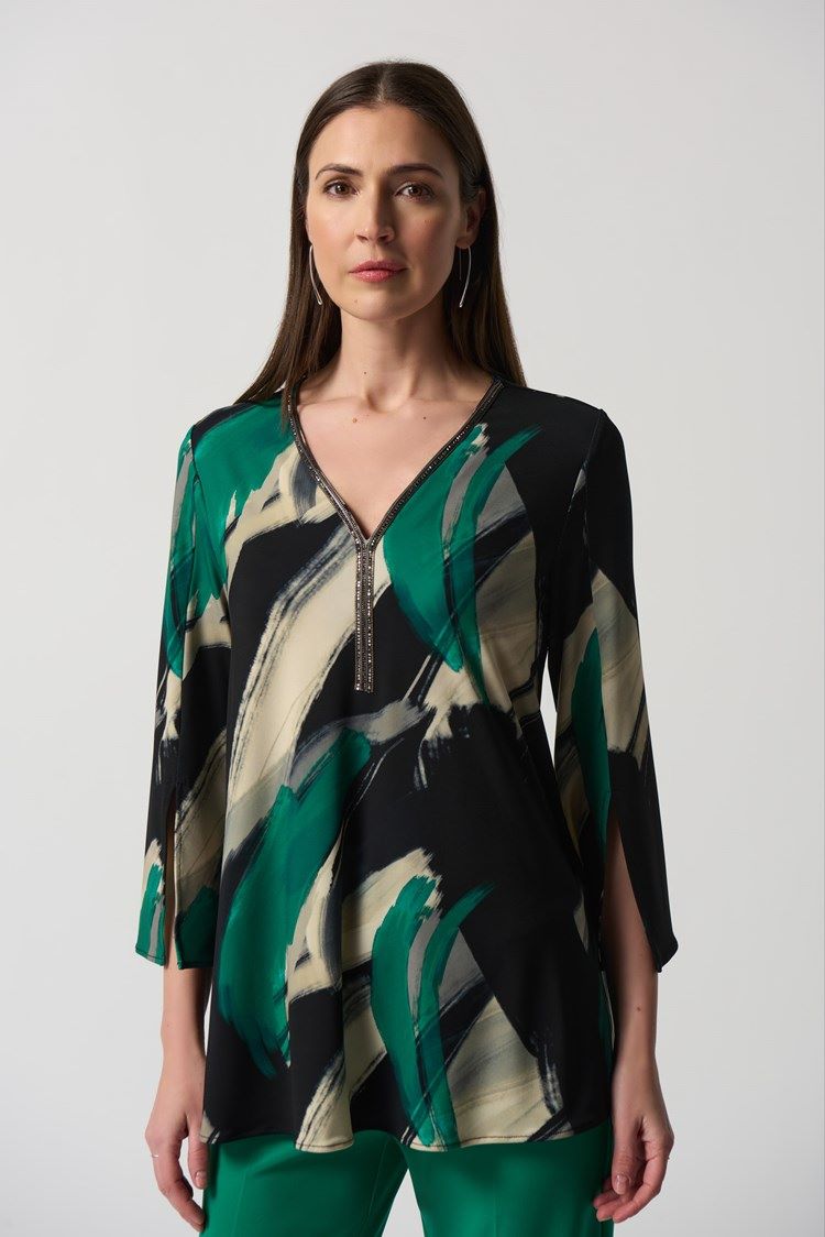 Joseph Ribkoff Style: 233178 green abstract top with sparkle detail by the neck