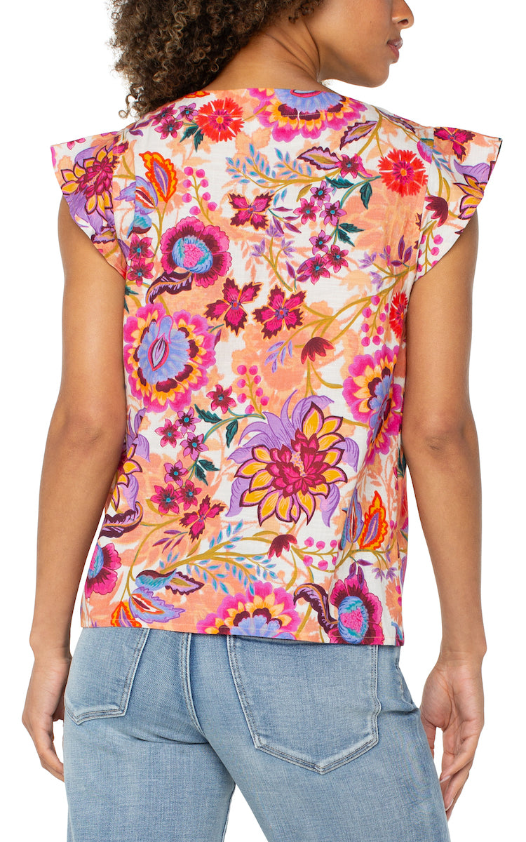 Flutter Sleeve Button Front Floral Blouse
