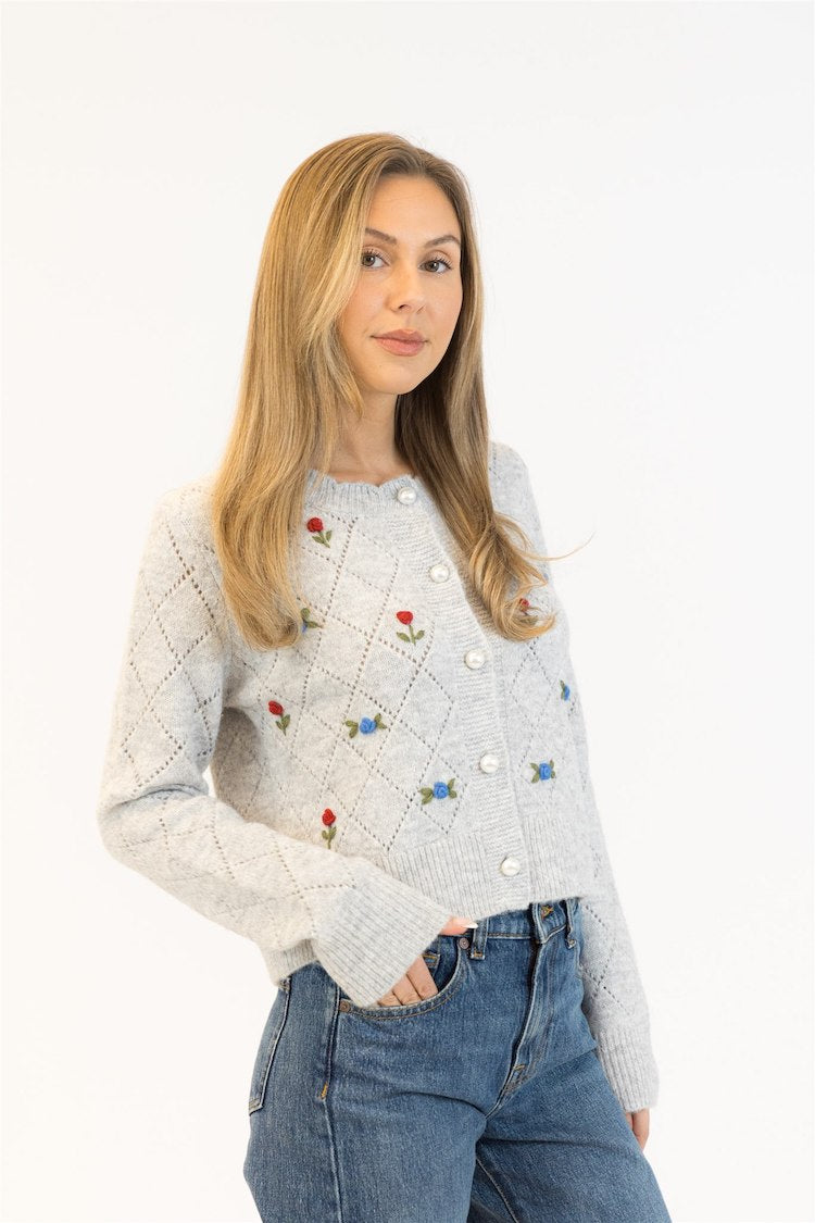 Lacey Rose Embroidery Button Front Sweater