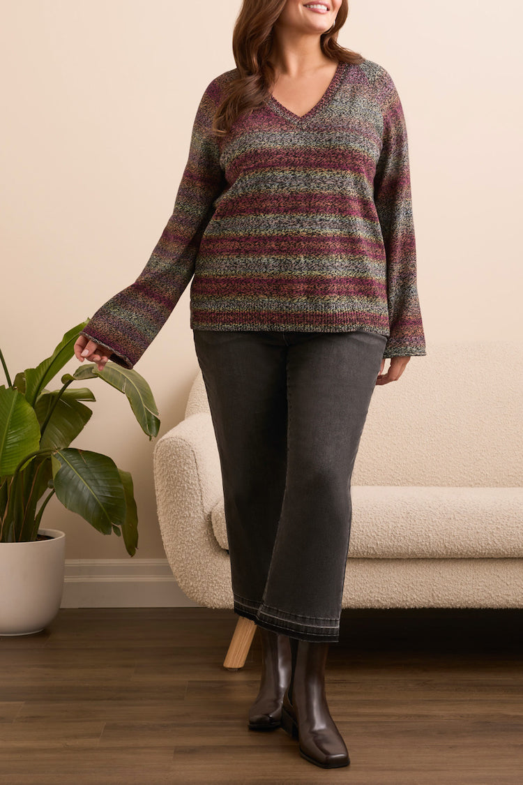 Size Inclusive Long Sleeve V-Neck Stripe Sweater