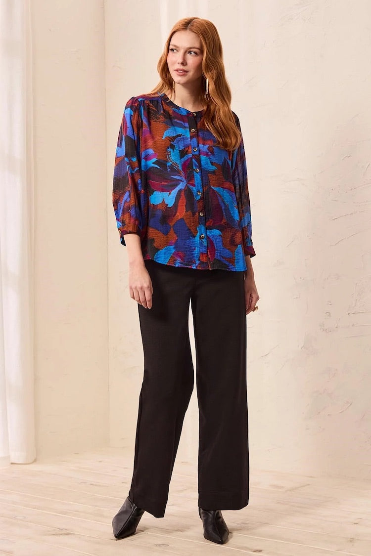Tribal Flowy Dolman Sleeve Blouse With Self-Covering Buttons