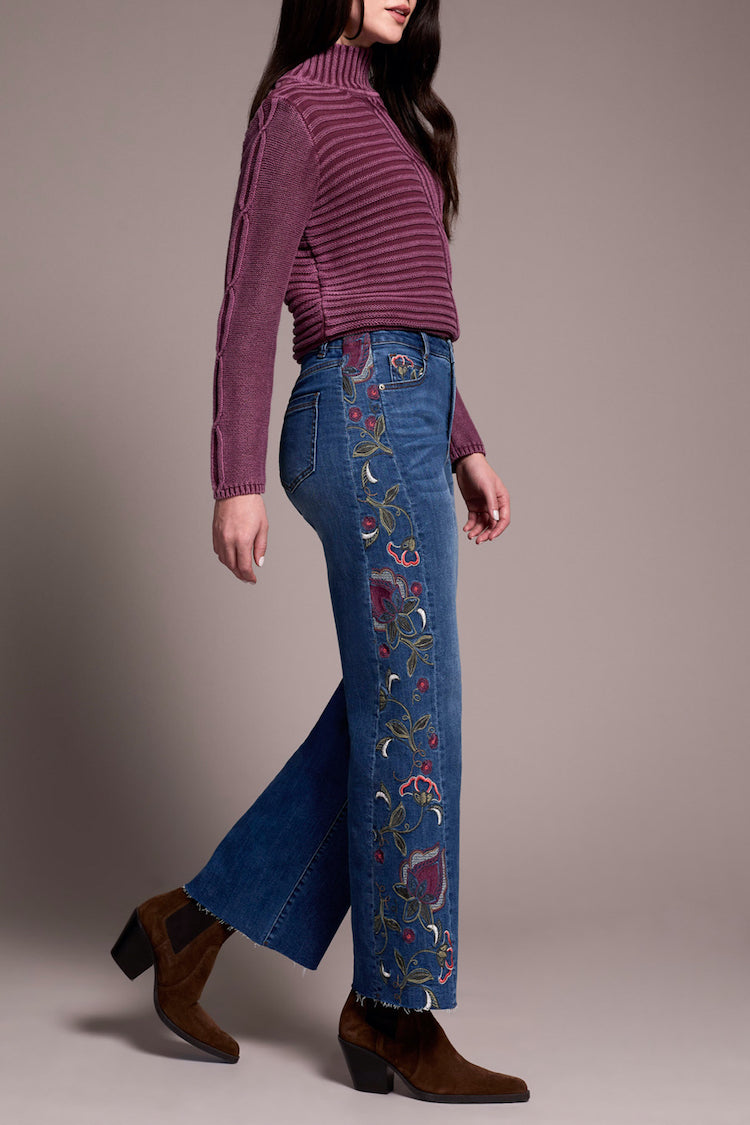 Embroidered Brooke Hugging Wide Leg Jeans