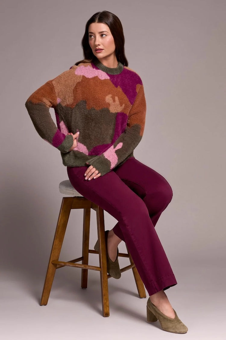 Fuzzy Intarsia Crew Neck Sweater