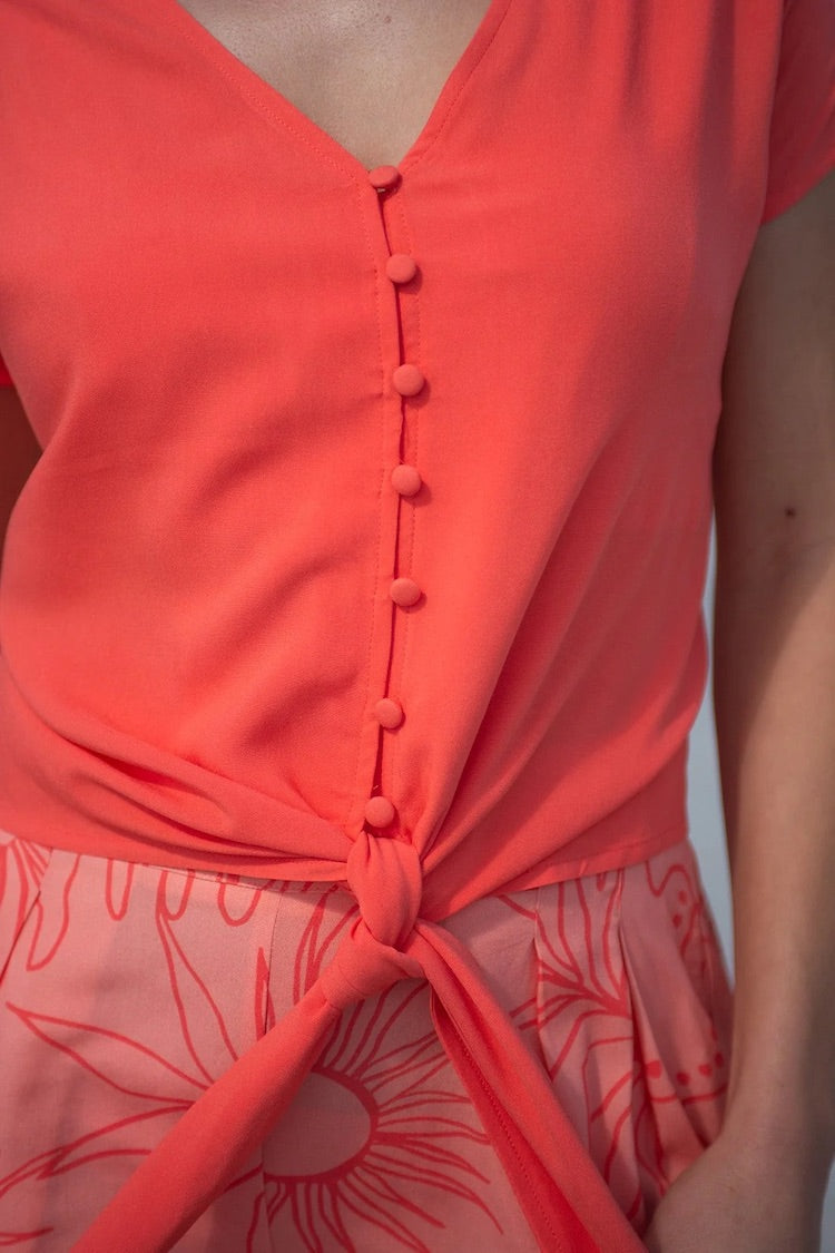 Solid Tie-Hem Button-Front Blouse