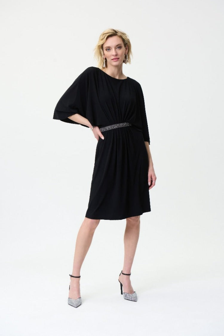 Joseph Ribkoff Butterfly Sleeve Dress   Be a picture of casual elegance in this Joseph Ribkoff Butterfly Sleeve Dress. With beautiful features of flowing butterfly sleeves and a sparkly detail accessory belt. The perfect dress that keeps that simple style but adds a lovely flair. And just think of the fabulous shoes you can wear with it!