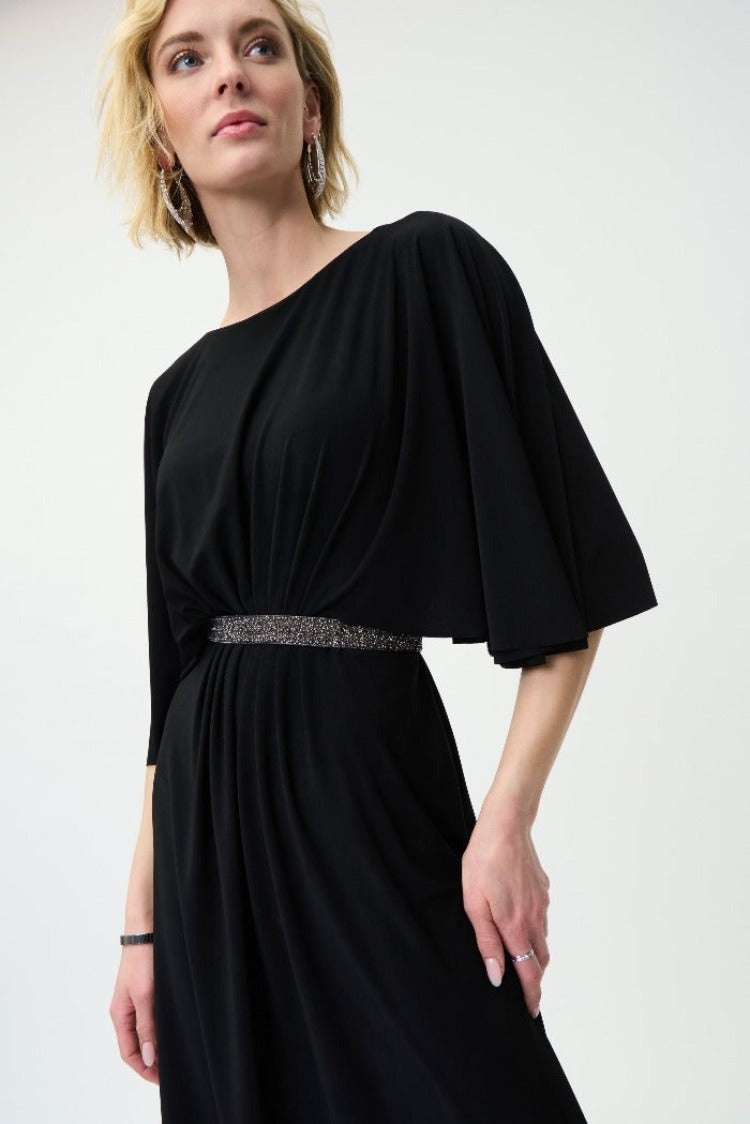 Joseph Ribkoff Butterfly Sleeve Dress Be a picture of casual elegance in this Joseph Ribkoff Butterfly Sleeve Dress. With beautiful features of flowing butterfly sleeves and a sparkly detail accessory belt. The perfect dress that keeps that simple style but adds a lovely flair. And just think of the fabulous shoes you can wear with it!