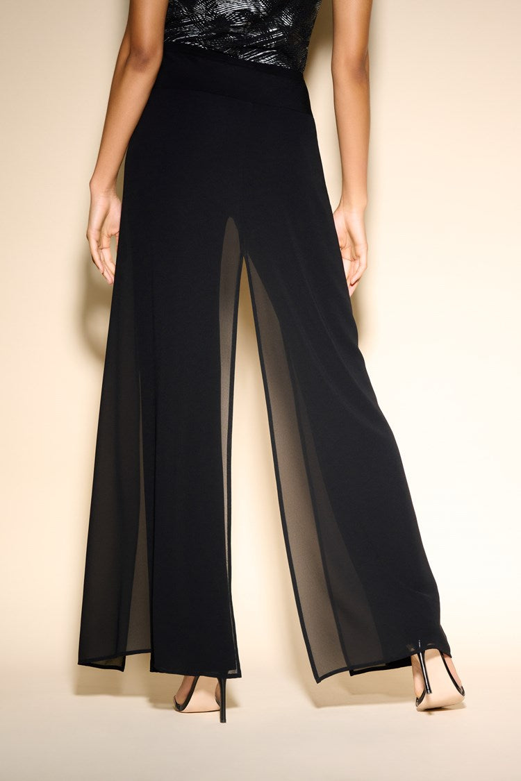 Joseph Ribkoff Chiffon Overlay Straight-Leg Pants  Style: 233773  The Joseph Ribkoff Chiffon Overlay Straight-Leg Pants, part of the Signature Collection, offer a statement of sophistication, refinement and elegance. These silky knit pants feature a luxurious chiffon overlay, perfect for a special occasion. High-quality fabric and construction ensure durability and multiple wearing opportunities. Feel your best in this timeless piece.  For best fit please refer to this size guide.