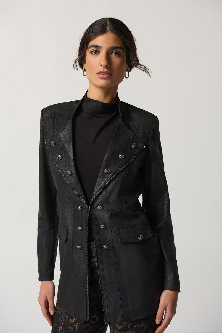 This luxurious Suede Jacket from Joseph Ribkoff is made from high-end solid suede and features a lapel collar with rhinestone detailing. The long straight sleeves, and fitted silhouette is designed to make this jacket perfect for everyday. The rhinestones add an edgy touch that will make you stand out.