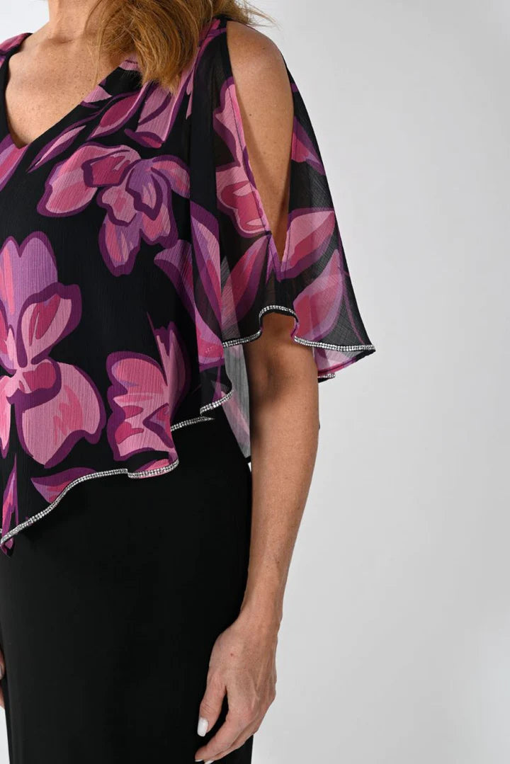 This Frank Lyman Floral Dress with Chiffon Overlay makes a stunning choice for special events or evenings out. The combination of the floral print and chiffon overlay gives you a touch of romance and movement with a dash of sparkle. Look and feel your best every time you slip it on.  Part of Lyman Signature Collection