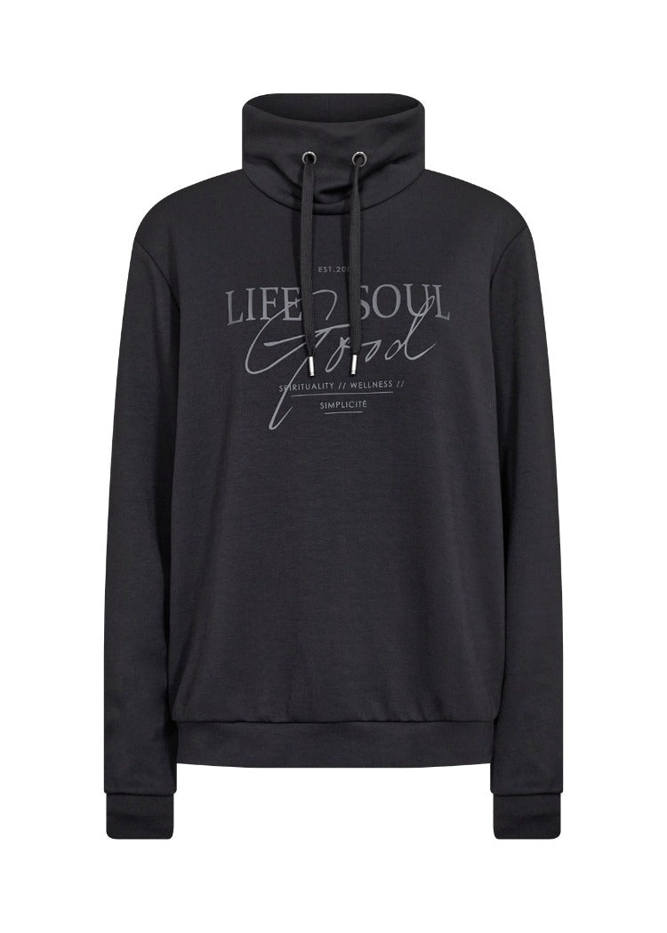 Soya Concept brings you this relaxed Banu Cowl Neck Sweatshirt with a fashionable cowl neck and drawstring, long sleeves, a laid-back feel, and a thought-provoking quote on the front. Style this comfy sweatshirt with a pair of sweatpants or jeans for your casual days.