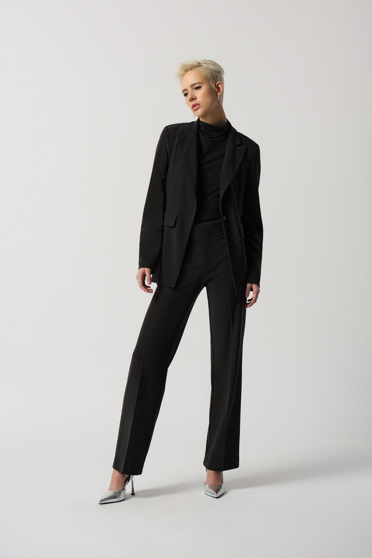 Add the Joseph Ribkoff Wide-Leg Pull-On Pants to your wardrobe, and you'll have a go-to style for any occasion. This bonded silky knit material is highly sought after and perfect for creating various looks. The wide-leg silhouette is flattering on any figure, while the contoured waistband provides a comfortable, tailored fit. 