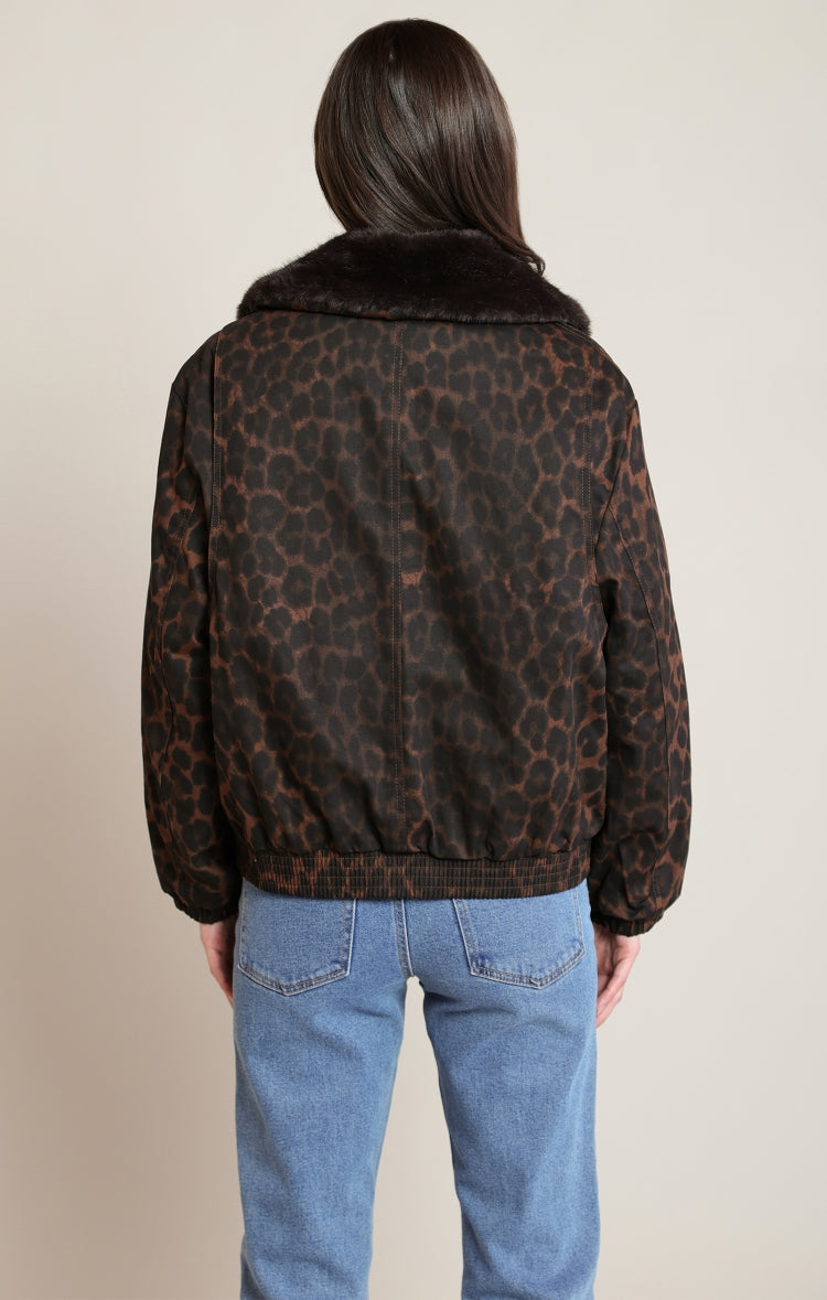 Black Tape Padded Animal Print Bomber Jacket