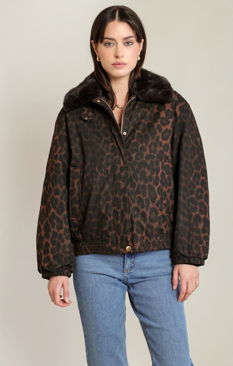 Black Tape Padded Animal Print Bomber Jacket