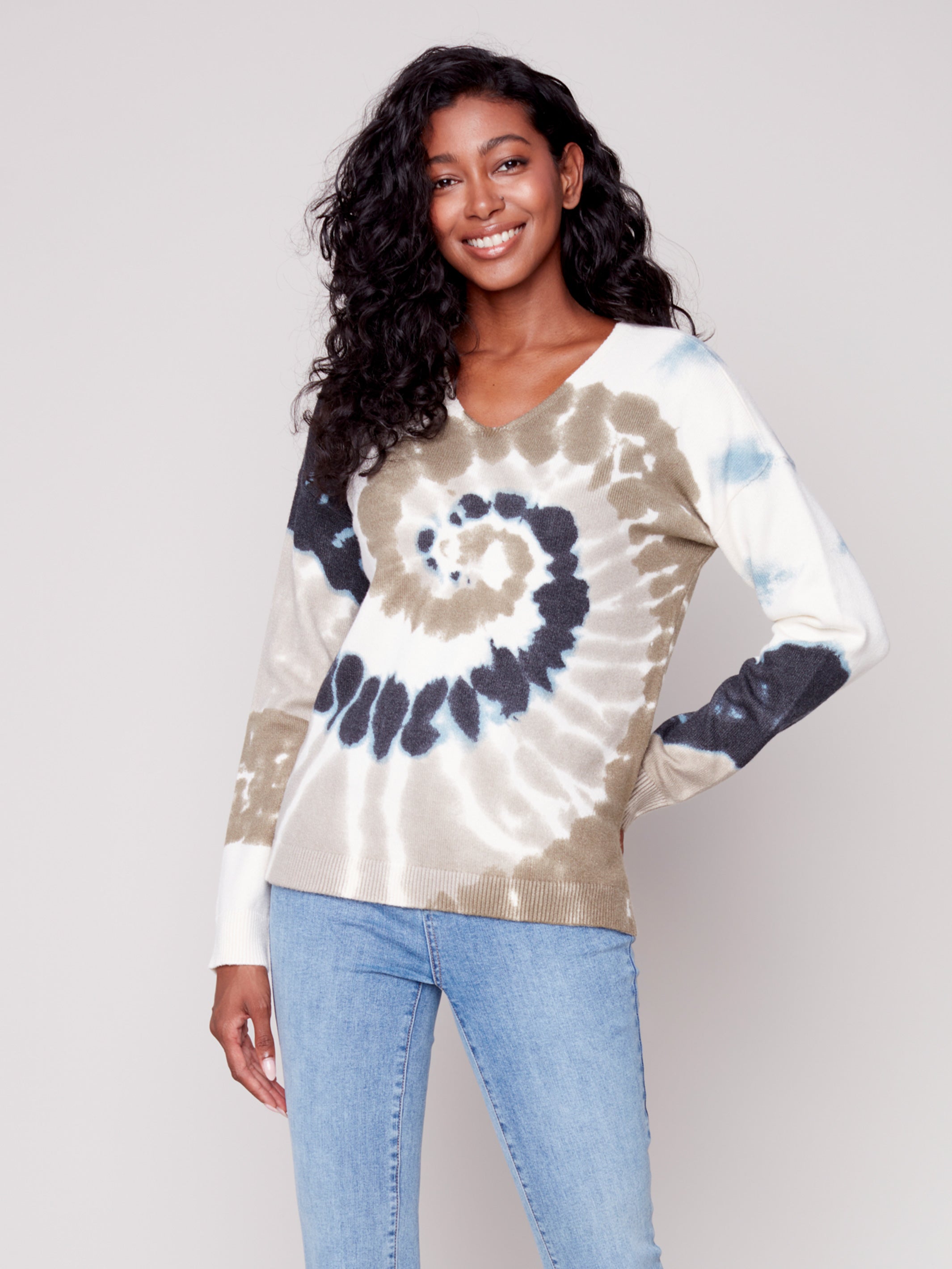 V-Neck Drop-Shoulder Printed Sweater