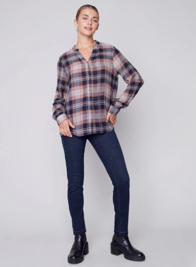 Rounded Collar Button Up Plaid Shirt