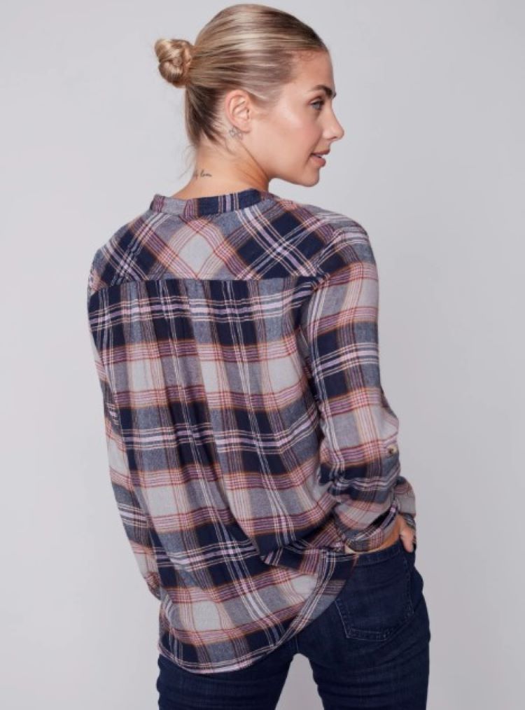 Rounded Collar Button Up Plaid Shirt