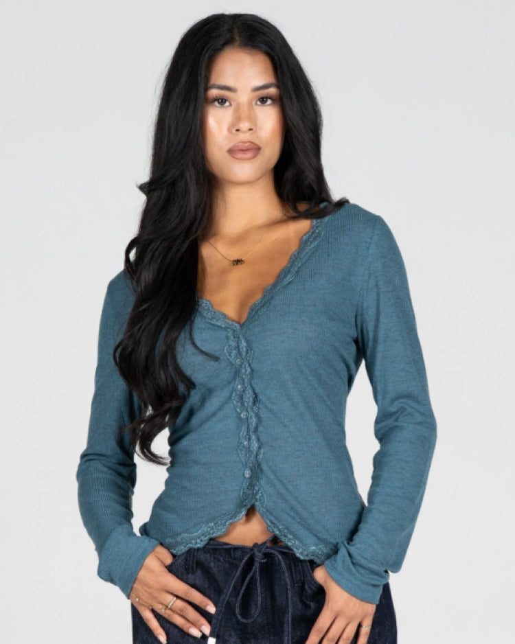 C'est Moi Ribbed Lace Trim Cardigan
