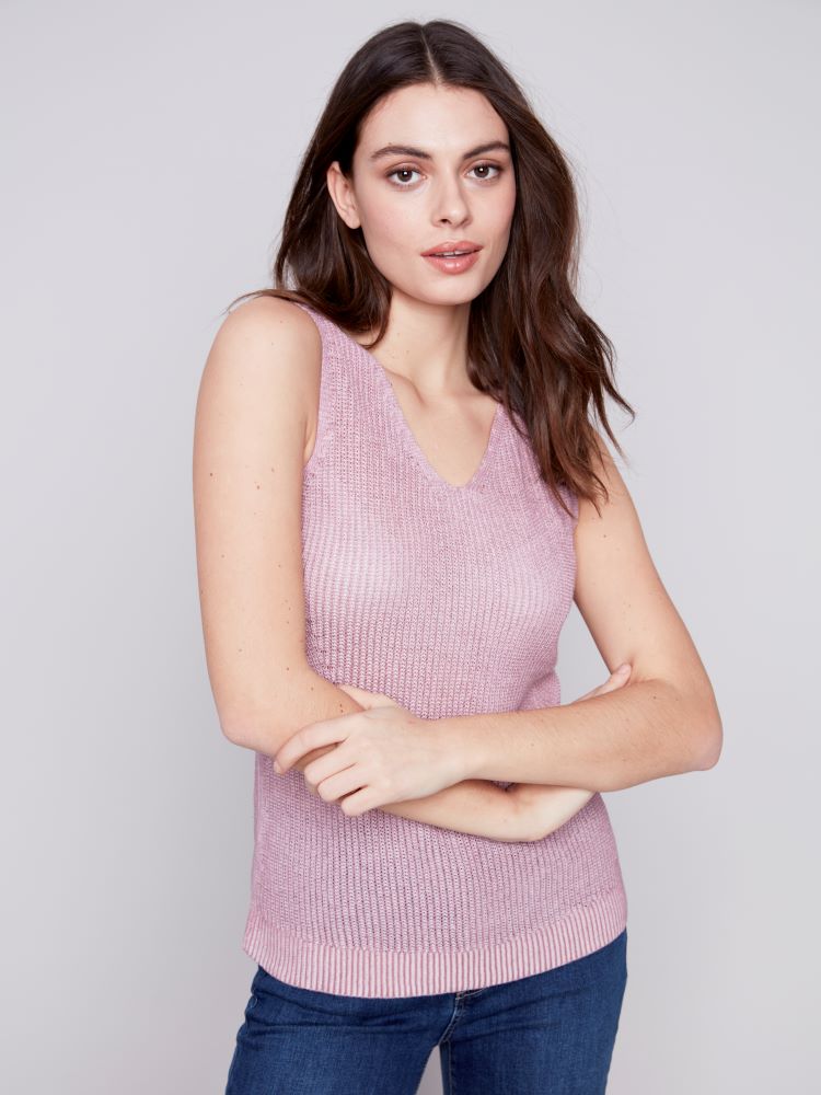 Charlie B Style: C2509C/790A, Cold Dye V-Neck Knit Cami, dusty rose, front view