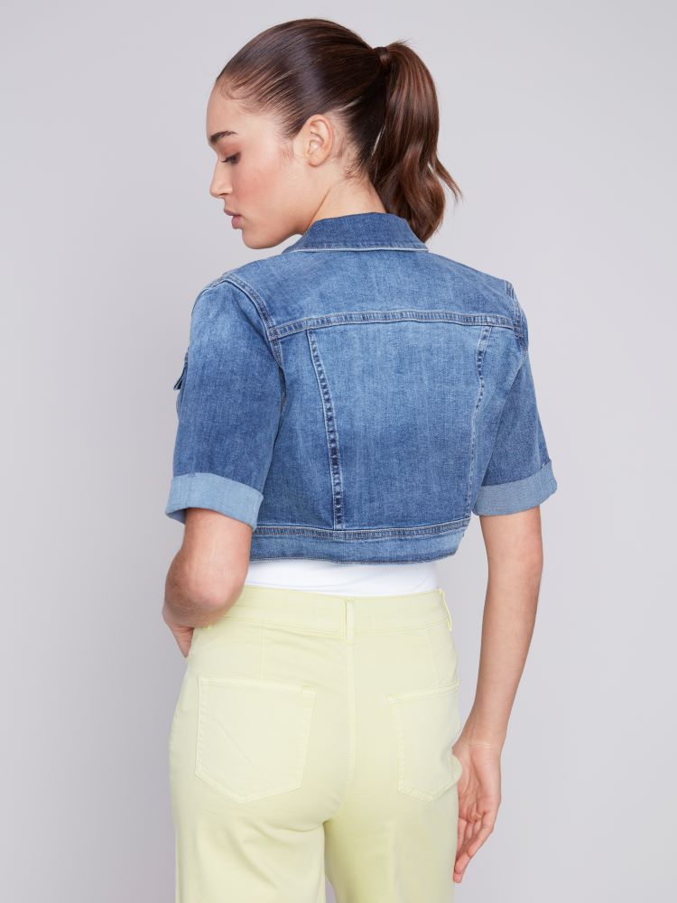 Charlie B Style: C6112X/431A, Short Sleeve Cropped Jean Jacket, back view