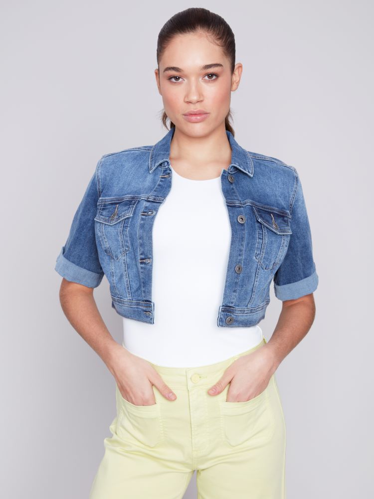Charlie B Style: C6112X/431A, Short Sleeve Cropped Jean Jacket, front view