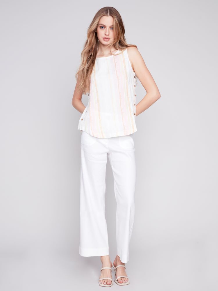 Charlie B Style: C4425X/032B, Sleeveless Linen Blouse with Side Buttons, full view