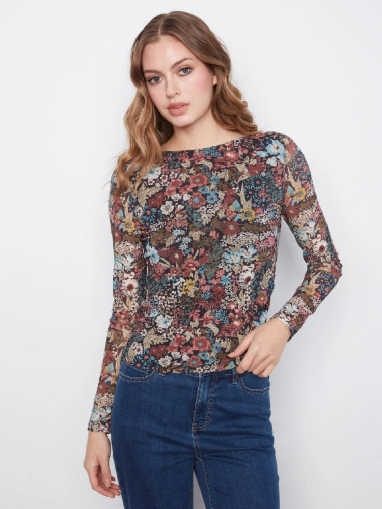 Charlie B Floral Print Mesh Boat Neck Top