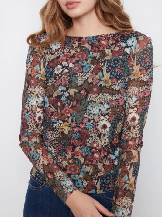 Charlie B Floral Print Mesh Boat Neck Top