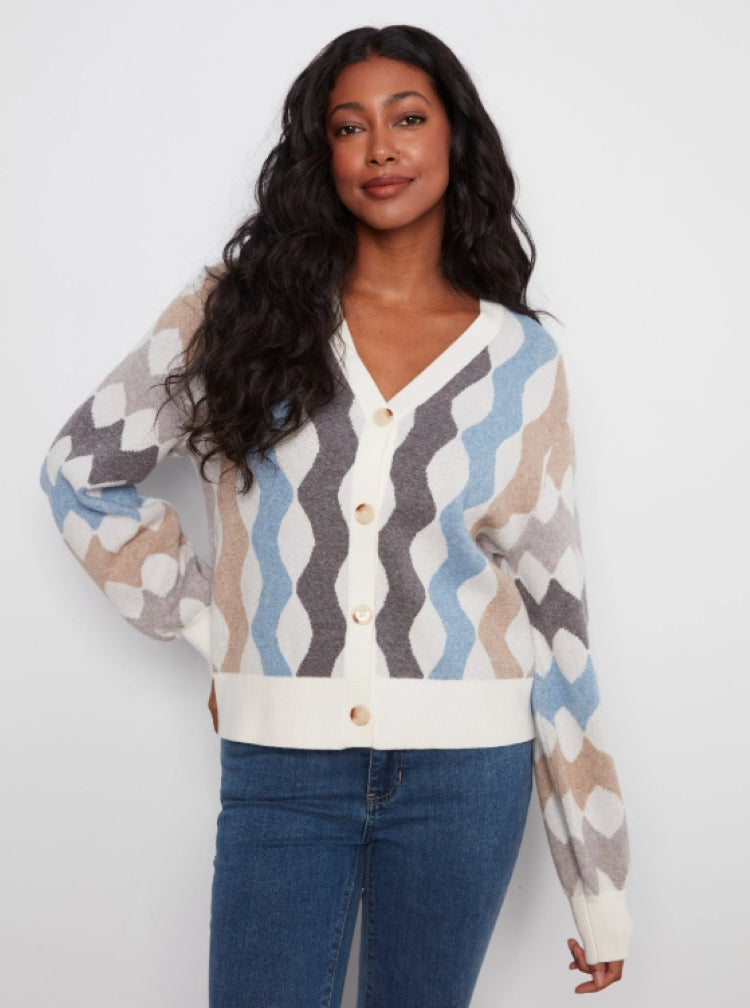 Charlie B Geometric Jacquard V-Neck Cardigan