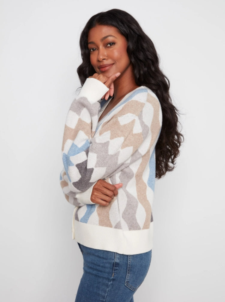 Charlie B Geometric Jacquard V-Neck Cardigan