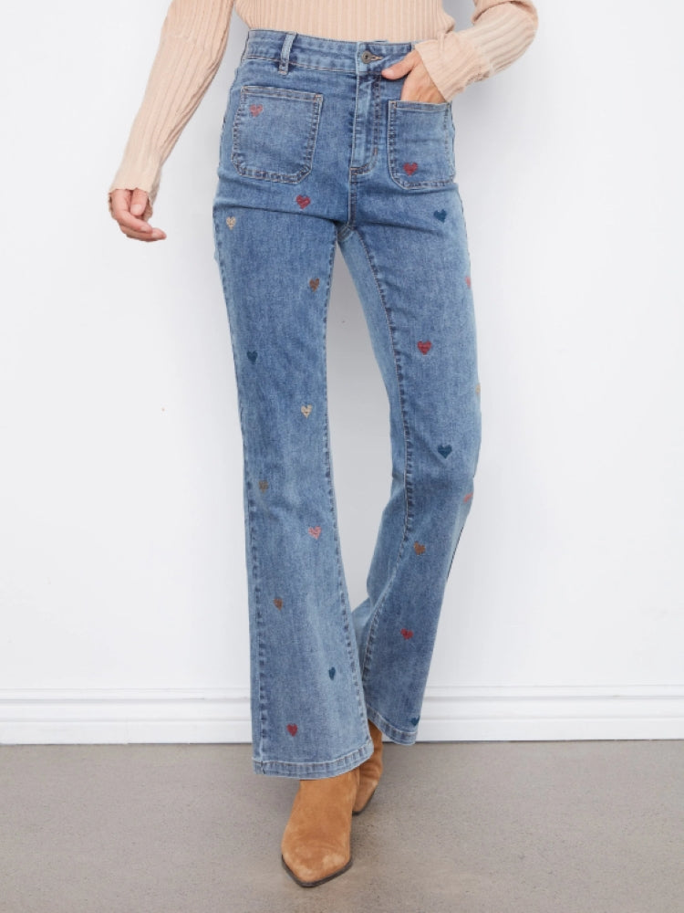 Charlie B Heart Embroidered Flare Jeans
