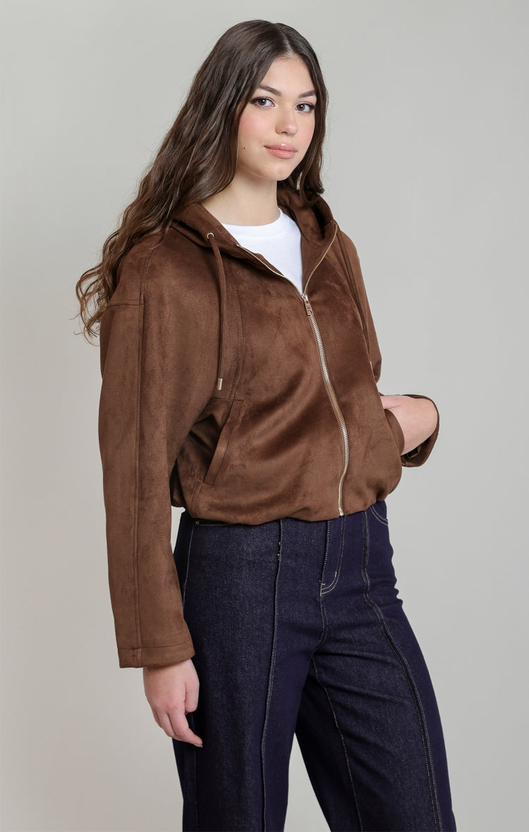 Dex Faux Suede Hooded Bomber Jacket