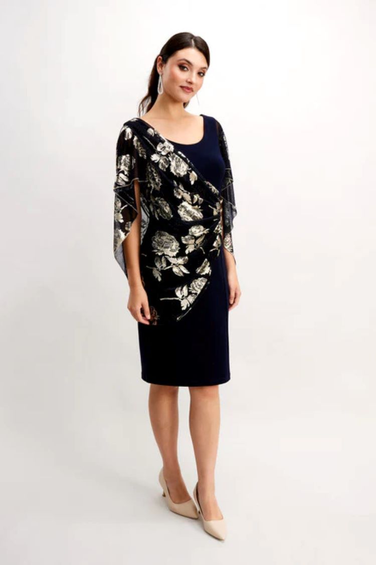 Frank Lyman Style: 248350, Sheath Dress with Foil Floral Shawl, front view