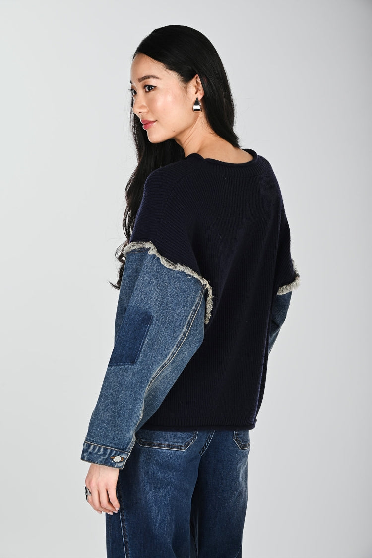 Frank Lyman Denim Contrast Sleeve Pullover