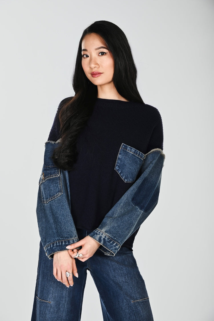 Frank Lyman Denim Contrast Sleeve Pullover