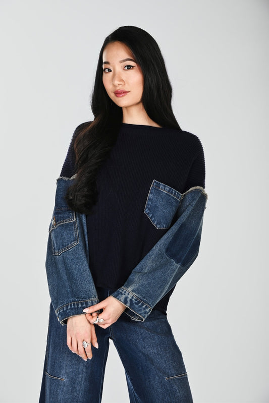 Frank Lyman Denim Contrast Sleeve Pullover