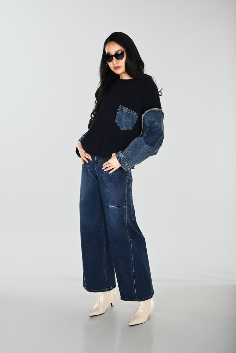Frank Lyman Denim Contrast Sleeve Pullover